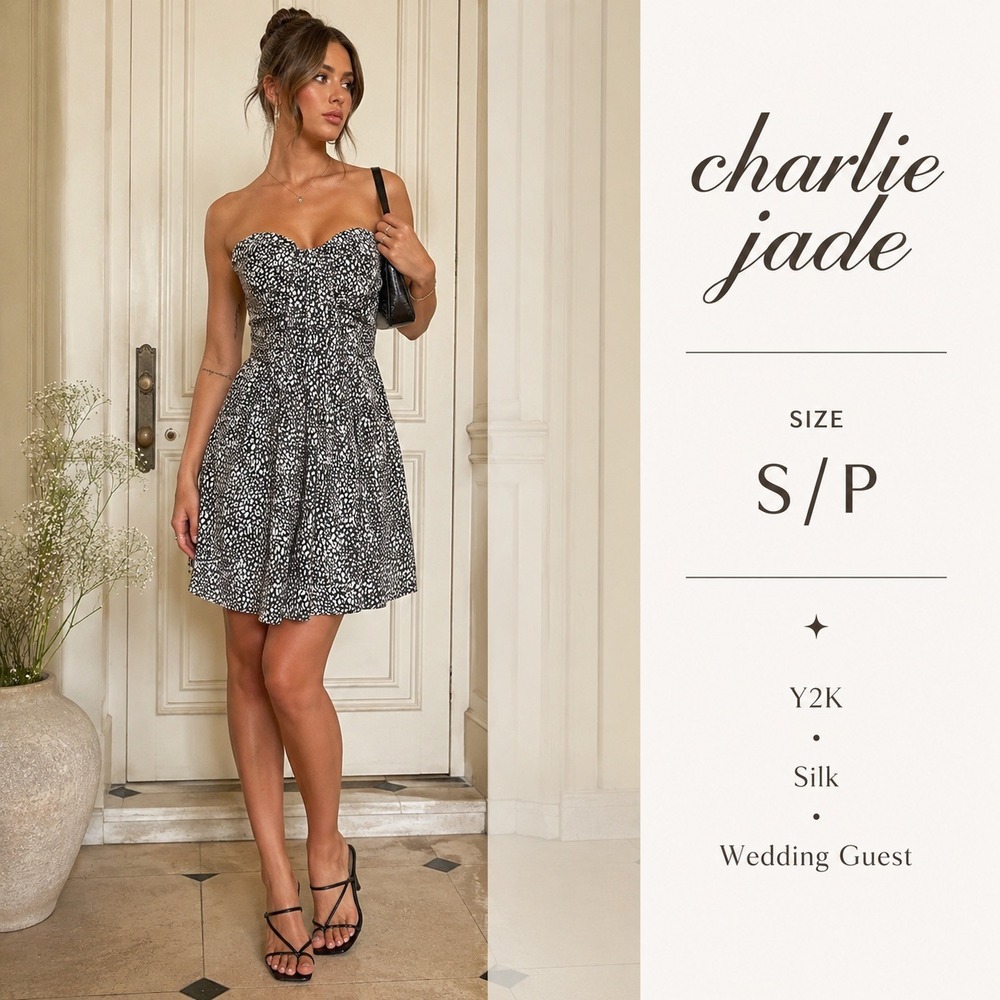 Charlie Jade Strapless Dress Womens S Silk Grey Leopard Animal Fit Flare Y2K